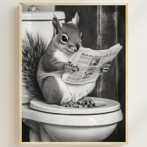 Squirrel Reading Newspaper on Toilet Black and White Funny Poster