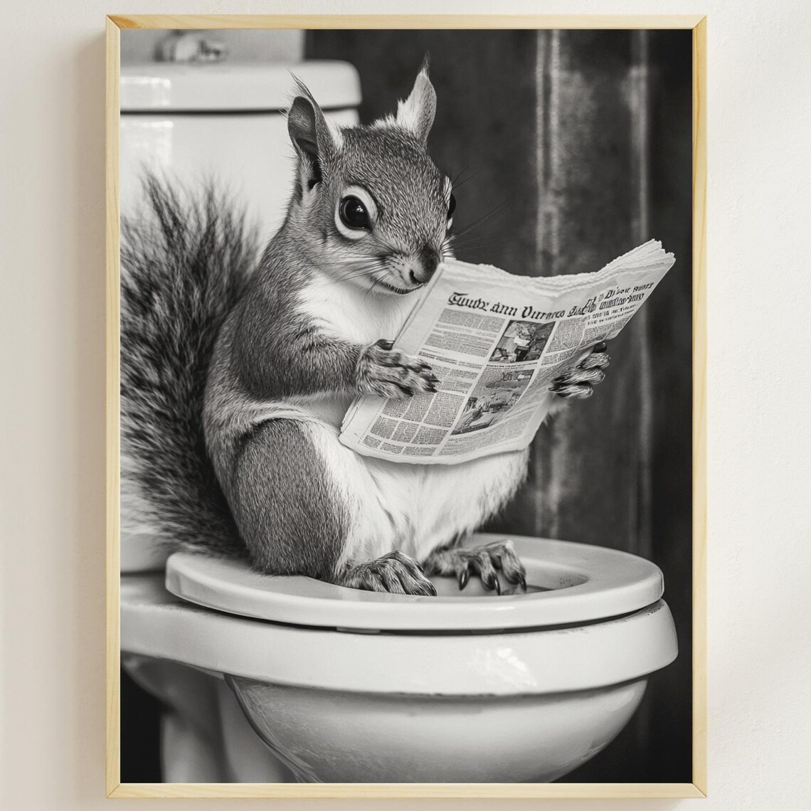 Squirrel Reading Newspaper on Toilet Black and White Funny Poster