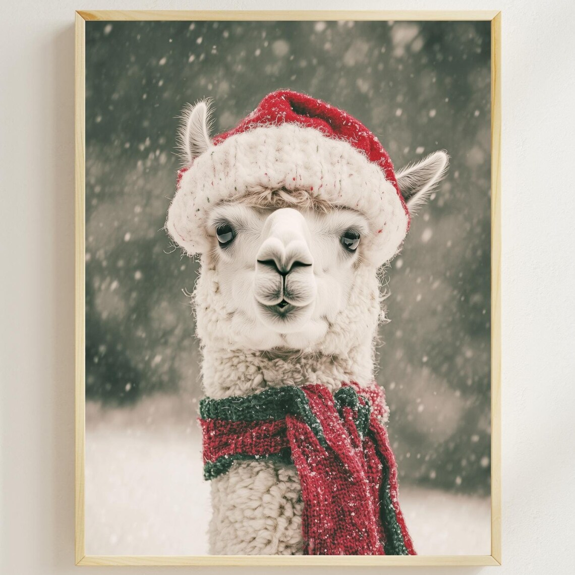 Alpaca Wearing Santa Hat And Knit Scarf Snowy Christmas Poster