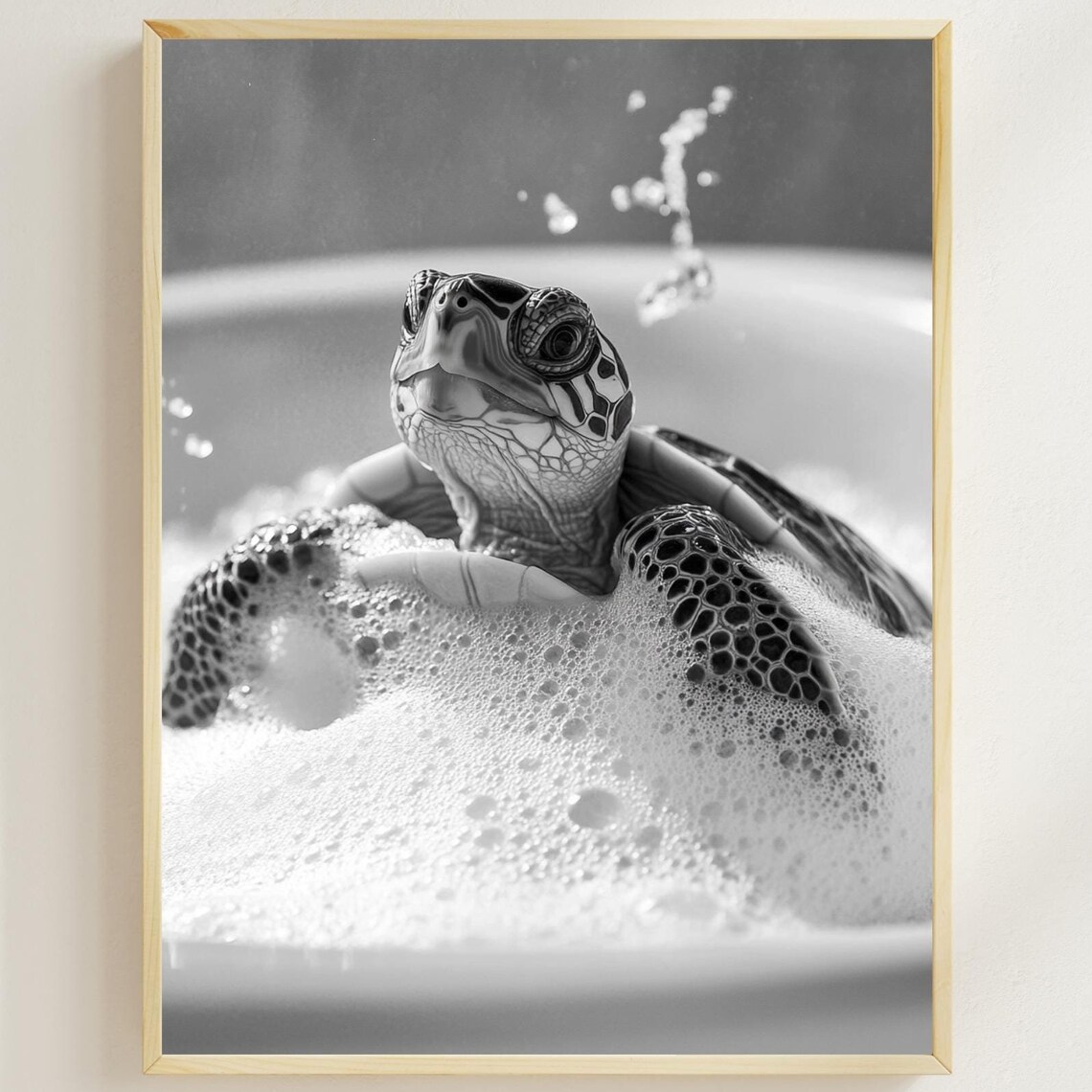 Sea Turtle Enjoying a Bubble Bath With Splashing Water Black White Poster