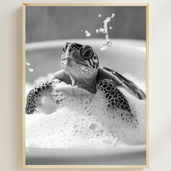 Sea Turtle Enjoying a Bubble Bath With Splashing Water Black White Poster