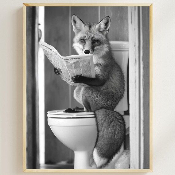 Fox Reading Newspaper On The Toilet Monochrome Bathroom Poster
