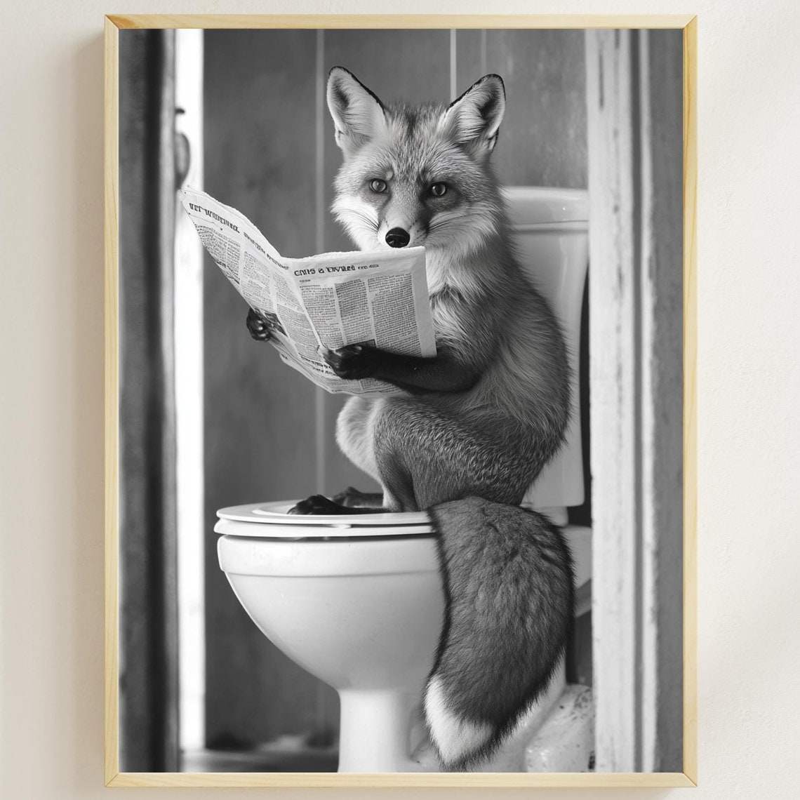 Fox Reading Newspaper On The Toilet Monochrome Bathroom Poster
