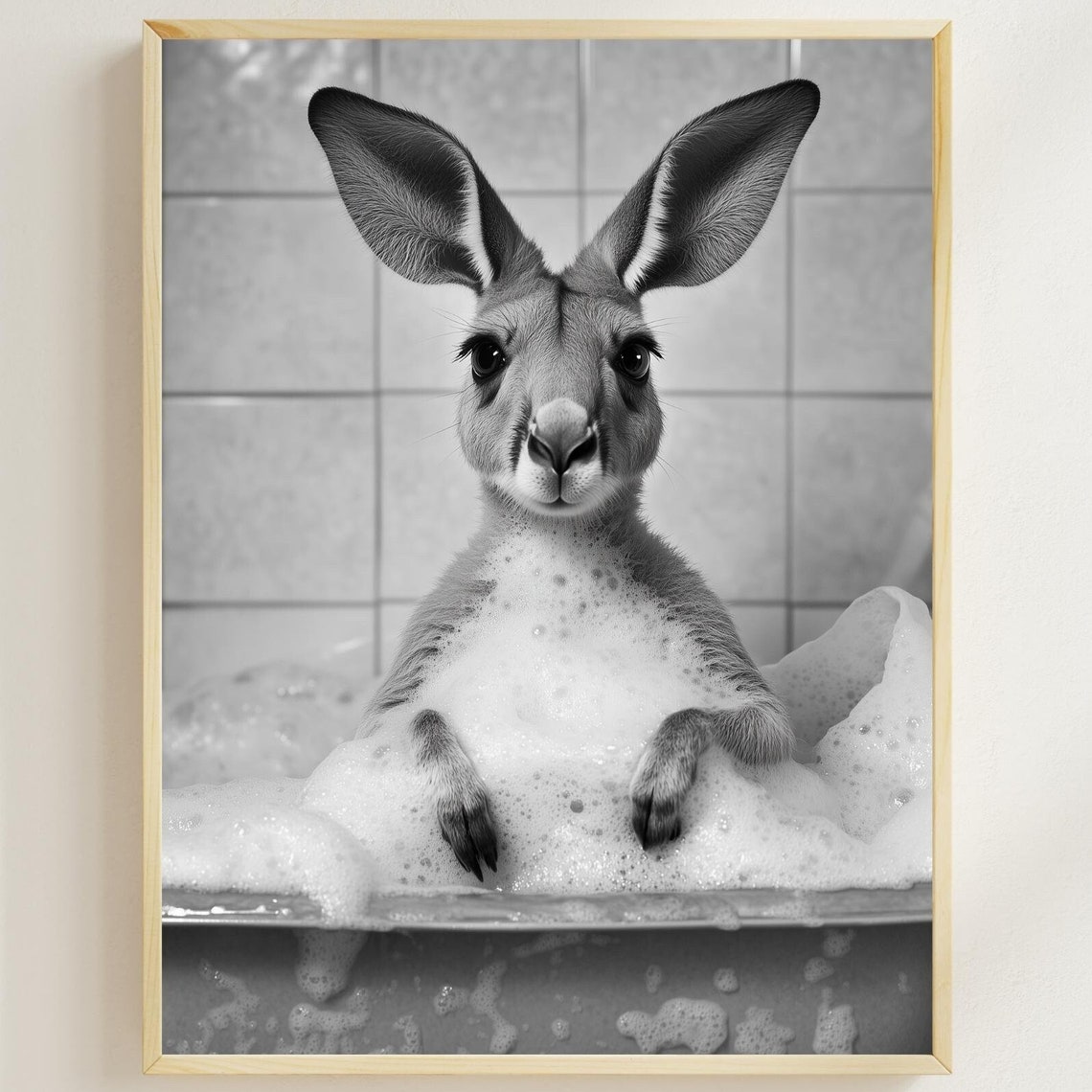 Kangaroo Bubble Bath Funny Black And White Bathroom Wall Poster