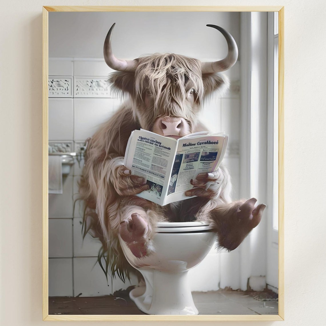Highland Cow Reading a Newspaper While Sitting on the Toilet Poster
