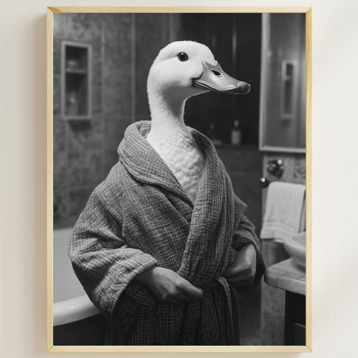 Duck In A Bathrobe Funny Black And White Bathroom Wall Poster