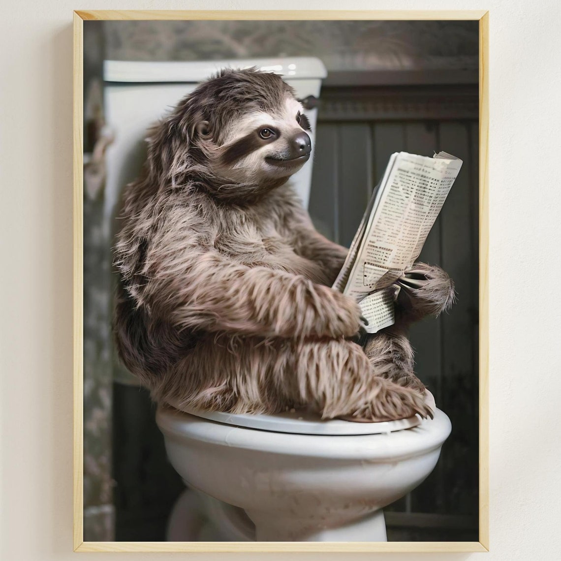 Sloth on the Toilet Reading a Newspaper Funny Bathroom Poster