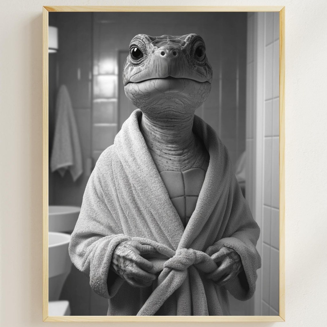 Turtle Wearing White Bathrobe Funny Black and White Bathroom Poster
