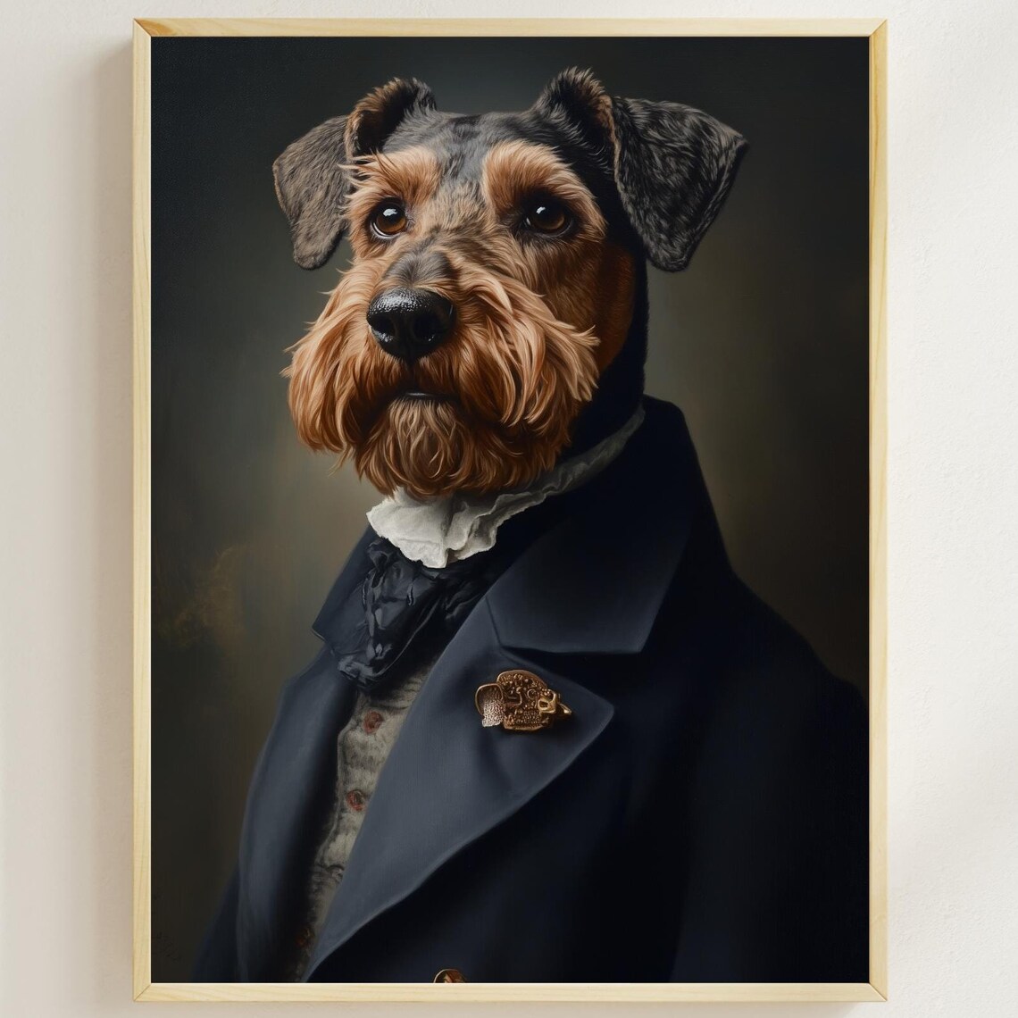 Aristocratic Airedale Terrier in Navy Coat Vintage Dog Portrait Poster