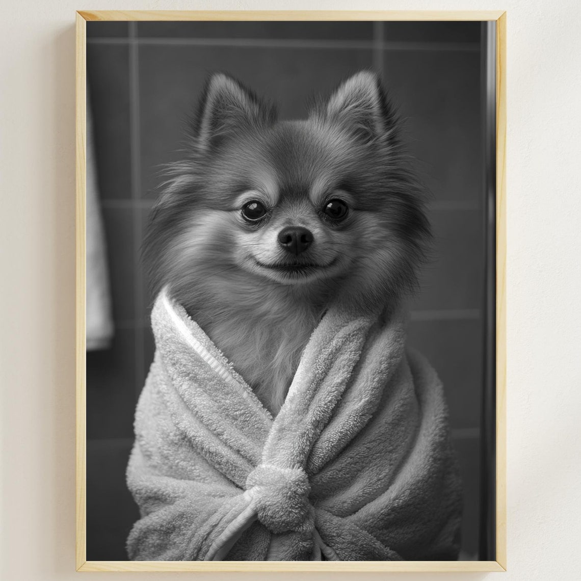 Pomeranian In A Bathrobe Funny Bathroom Wall Art Quirky Dog Print Vintage Pomeranian Photo Dog Humor Print Pomeranian Poster Ai Art