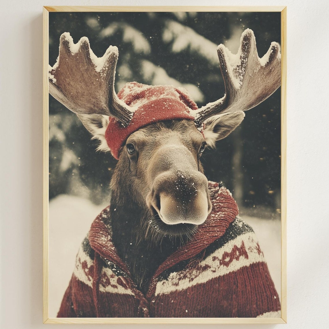 Moose Wearing Red Beanie And Knit Sweater Snowy Christmas Poster