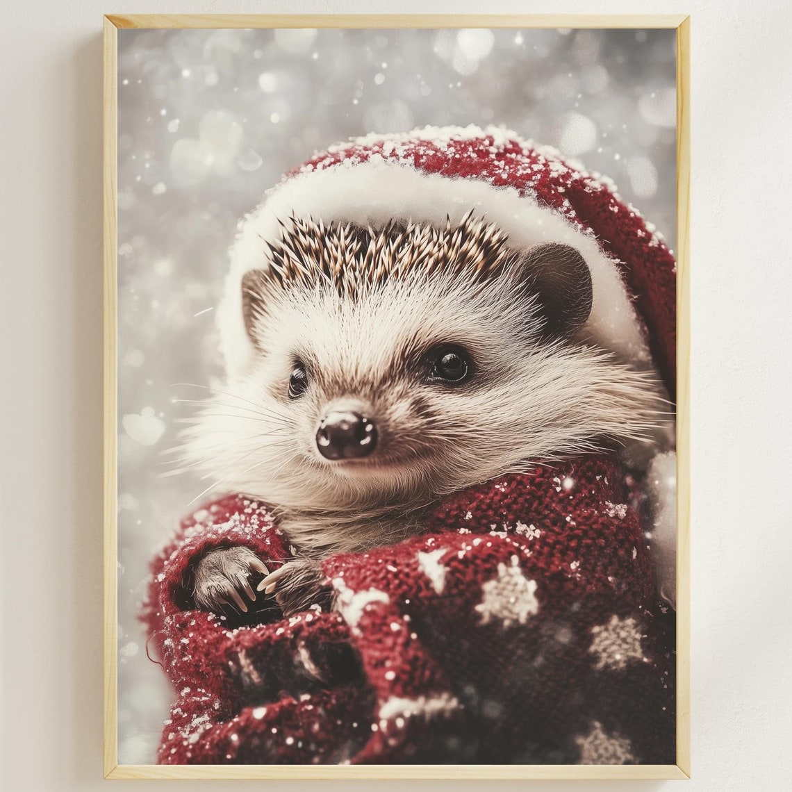Hedgehog Wearing a Santa Hat and Red Scarf in the Snow Cute Poster