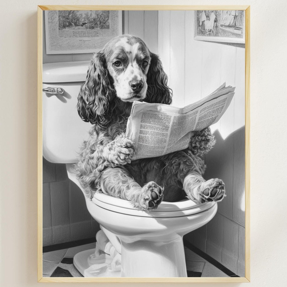 Cocker Spaniel Reading Newspaper on Toilet Vintage Dog Bathroom Poster