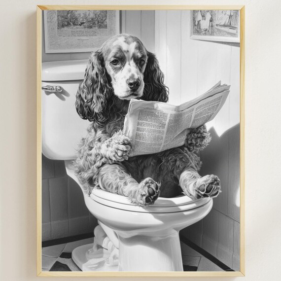 Cocker Spaniel Sitting On The Toilet Reading A Newspaper Funny Bathroom Wall Decor Vintage Animal Print Home Printables Ai Art