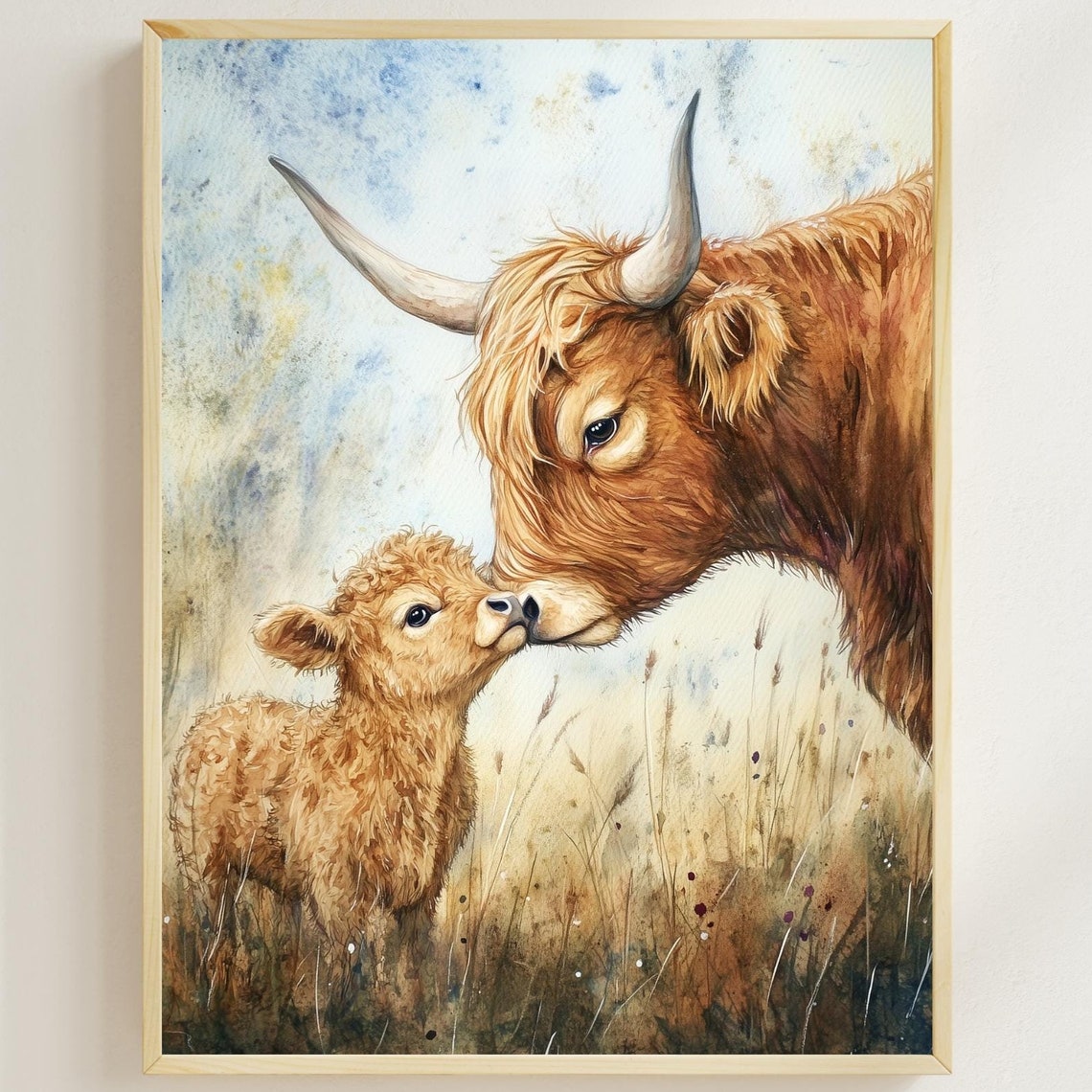 Cute Watercolor Nursery Room Art Mama And Little Highland Cow Print Kids Room Decor Mommy And Me Beautiful Nursery Illustration Ai Art