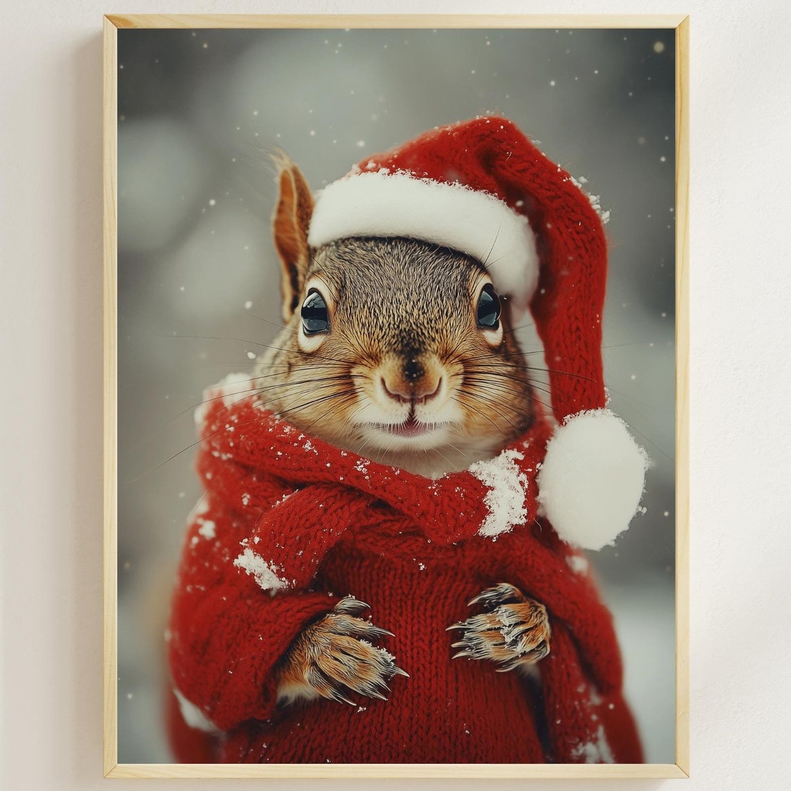 Squirrel in Santa Hat and Red Knit Scarf Posing in the Snow Poster