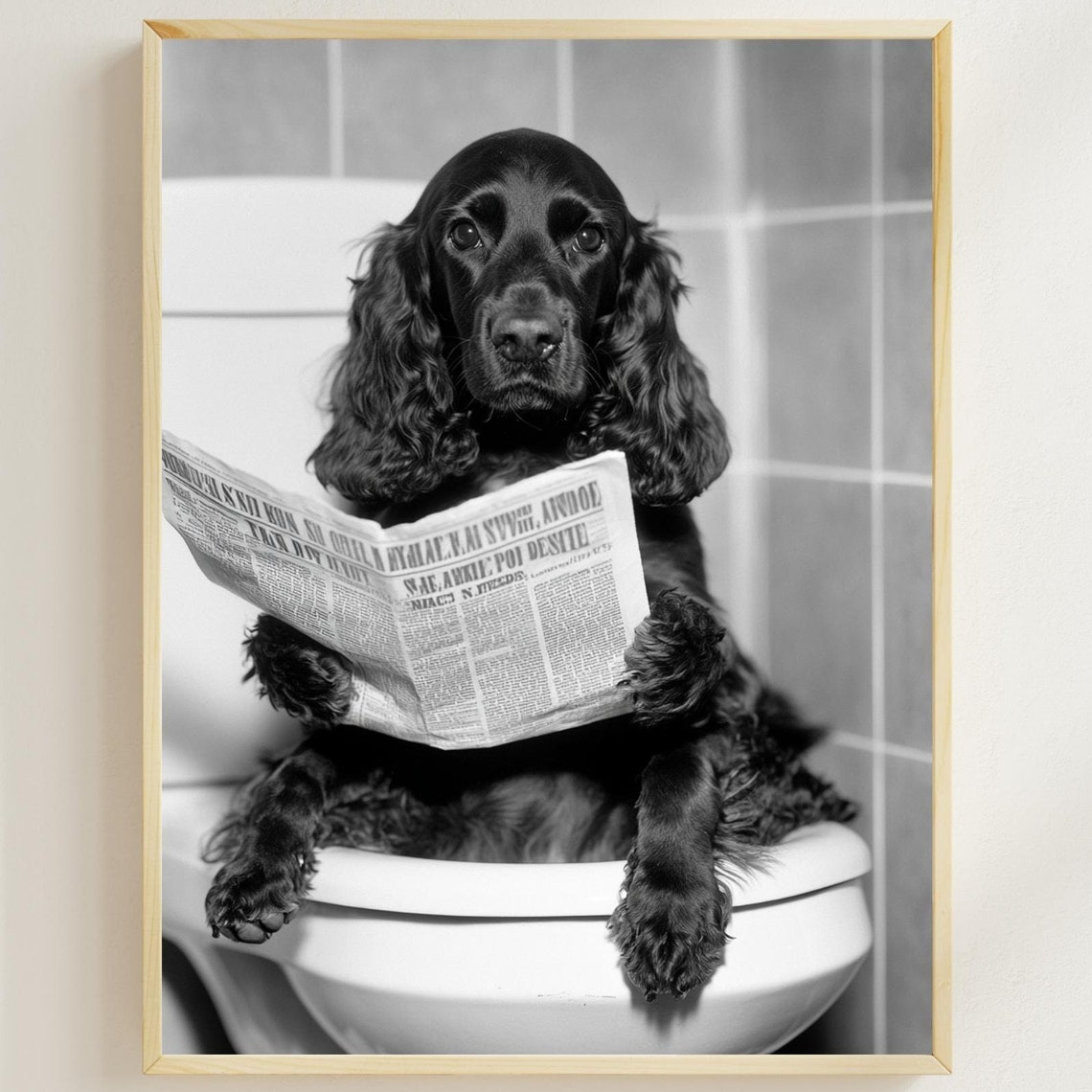 Cocker Spaniel Reading Newspaper On Toilet Funny Dog Bathroom Poster