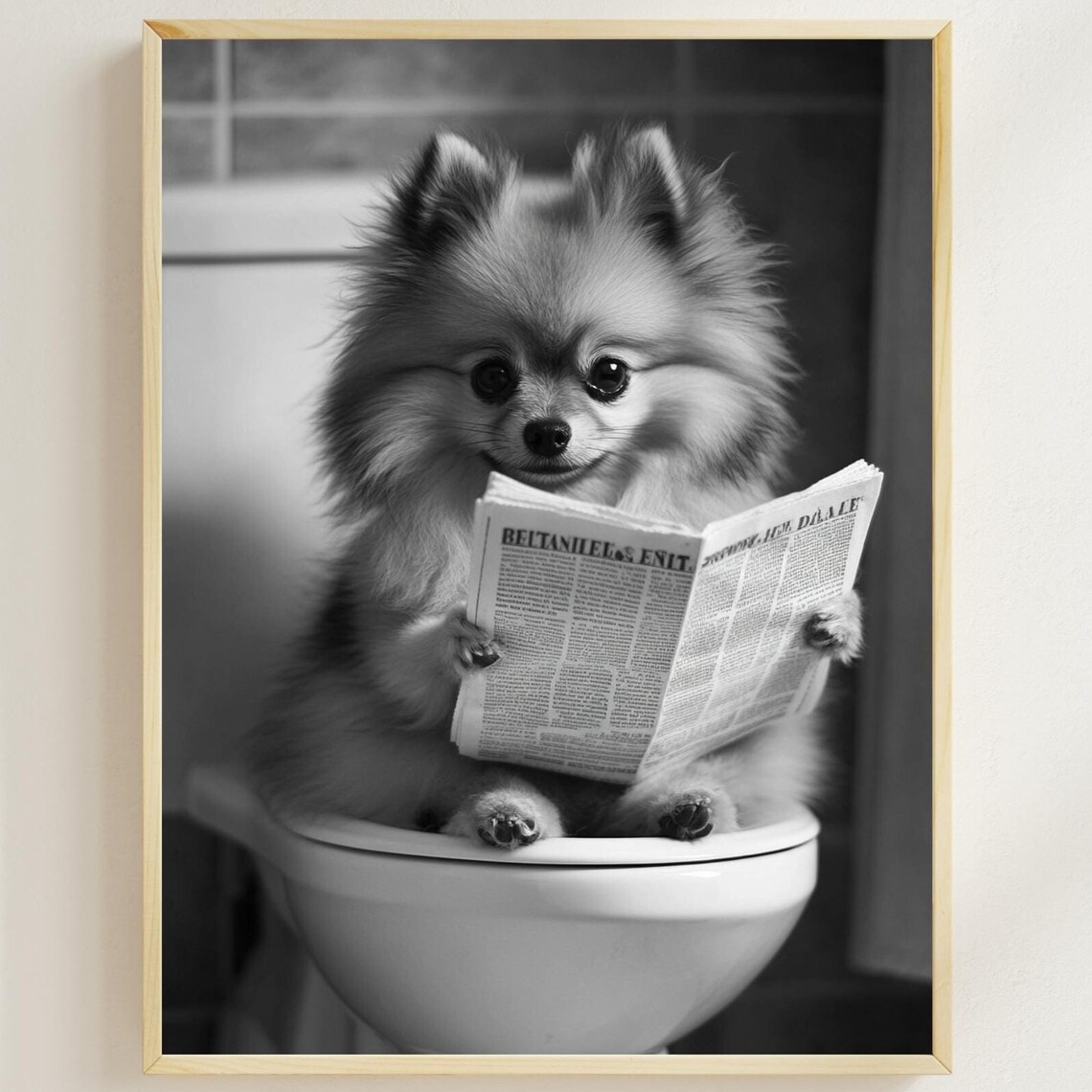 Pomeranian Reading Newspaper On The Toilet Monochrome Bathroom Poster