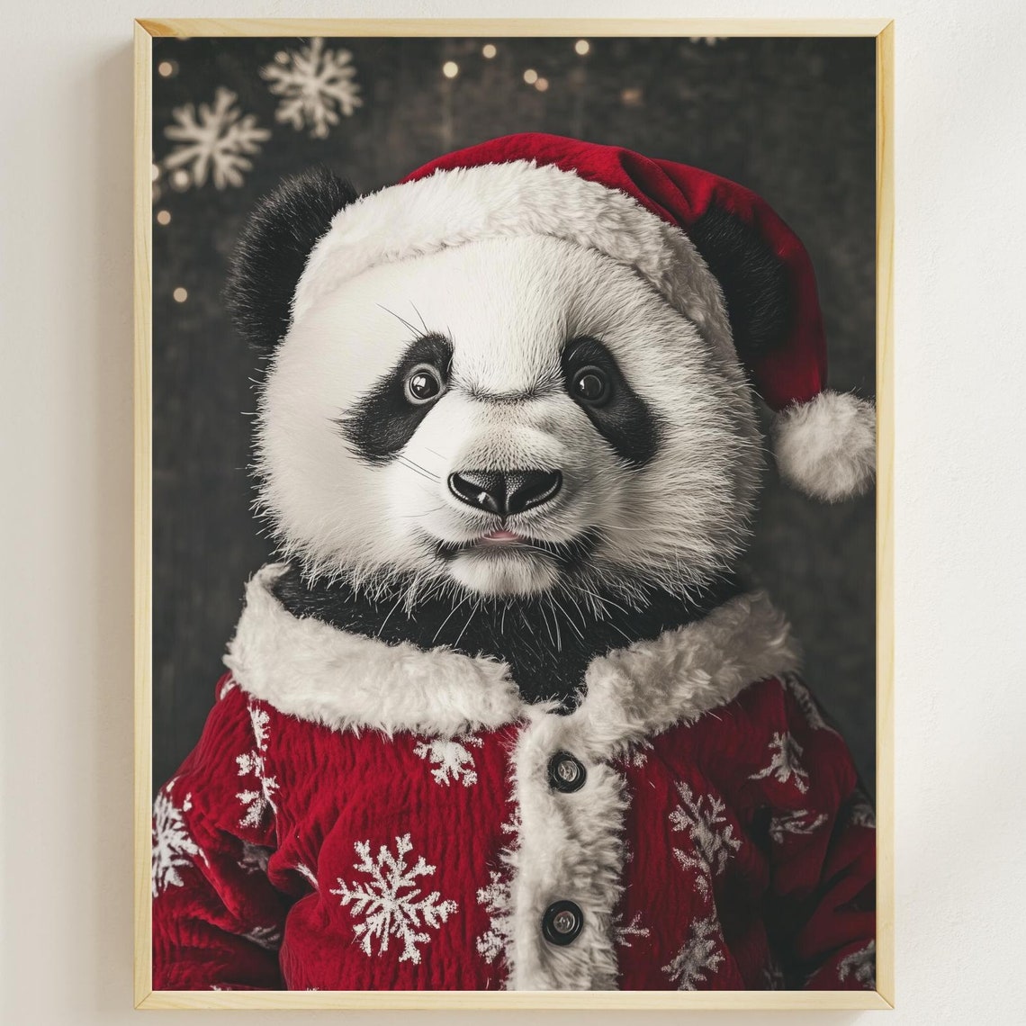 Panda Wearing Santa Hat And Snowflake Coat Festive Christmas Poster