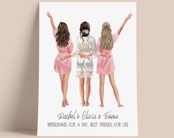 Personalised 3 Bridesmaids Print Custom Bride Bridesmaid Gift Wedding Gift Hen Party Print Maid Of Honour Gift