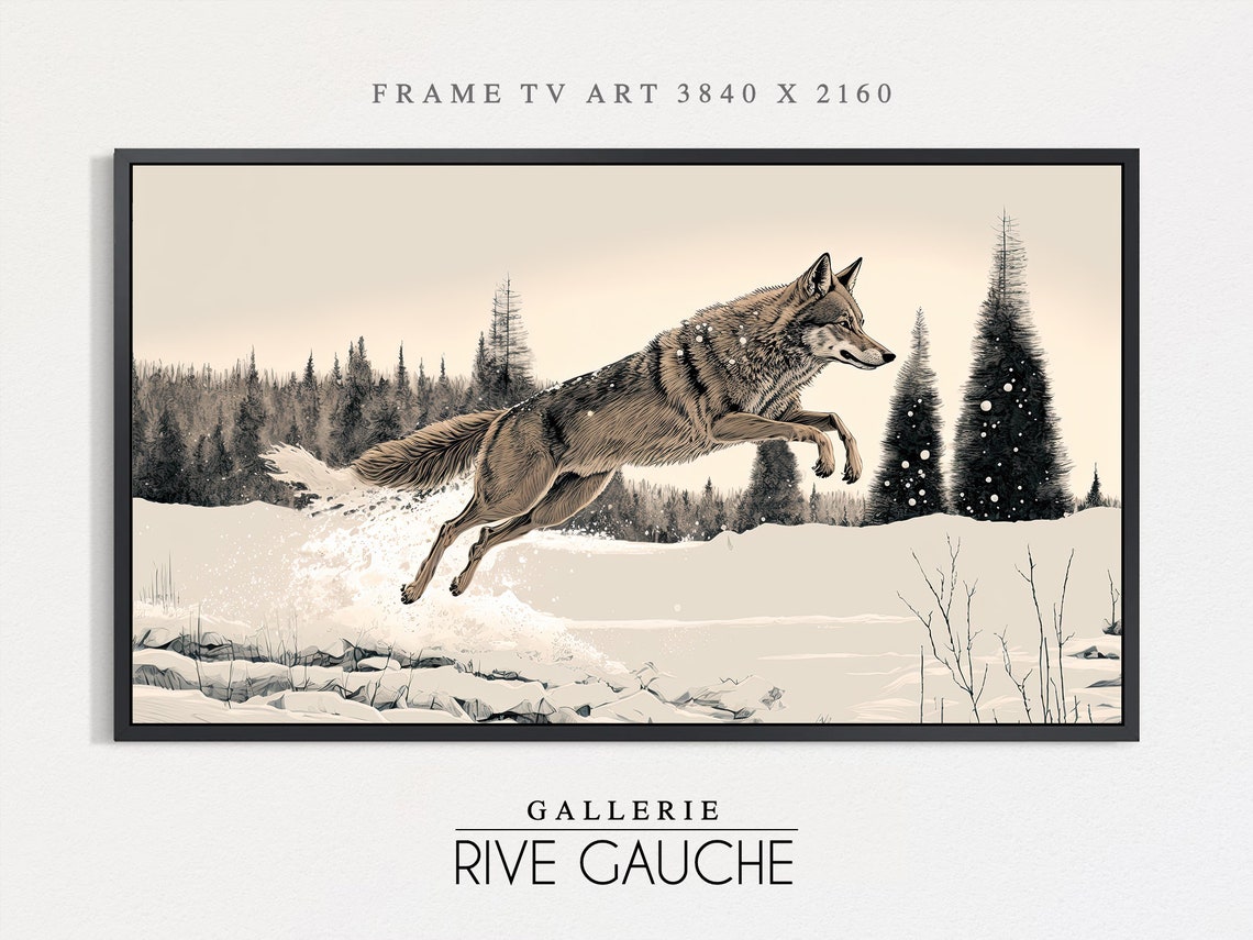 Winter Wolf Leaping Through Snow Forest Monochrome Wildlife Art Poster