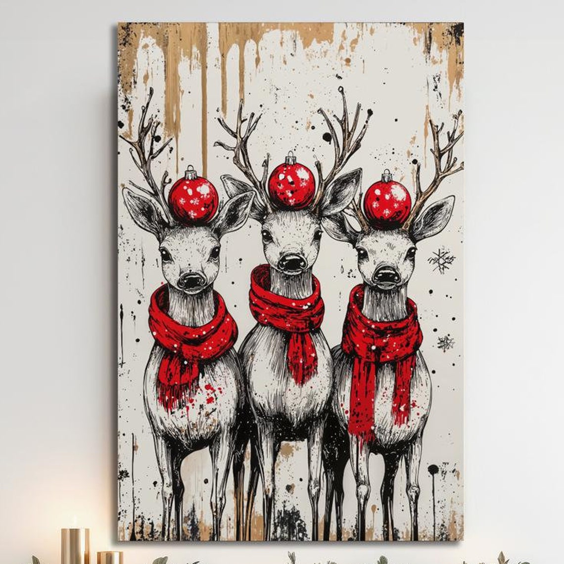 Three Reindeer Red Scarves Ornaments Rustic Christmas Art Poster