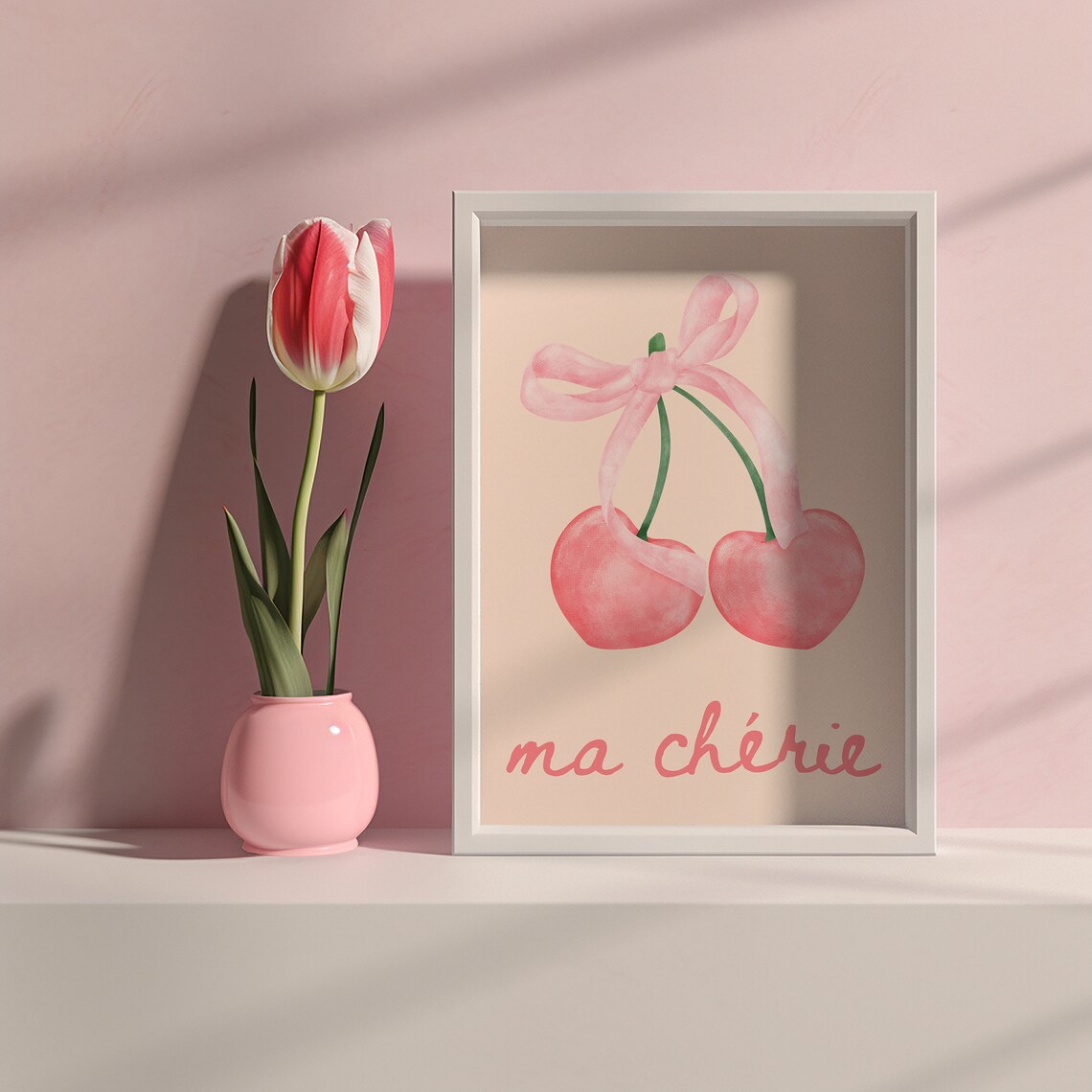 Ma Cherie Pink Watercolor Cherries With Bow Coquette Wall Art - Image 3