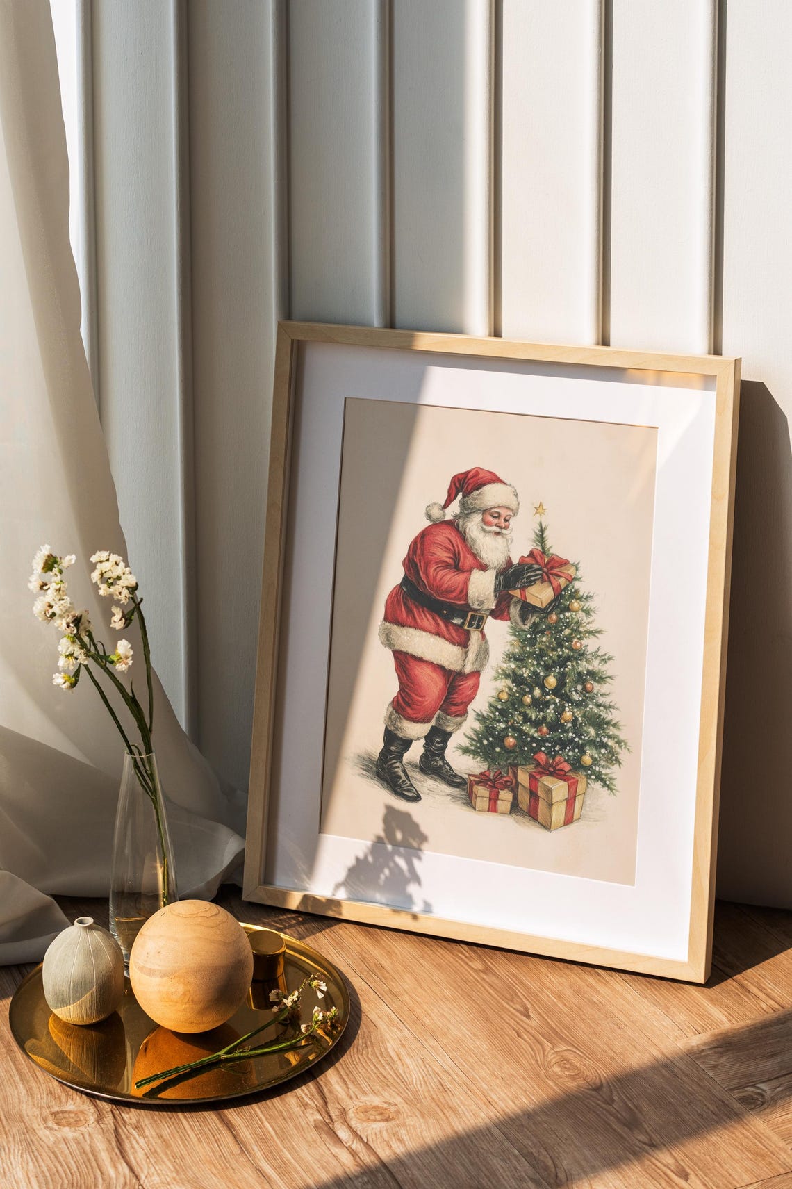 Vintage Santa with Christmas Gift Small Tree Classic Holiday Poster - Image 2