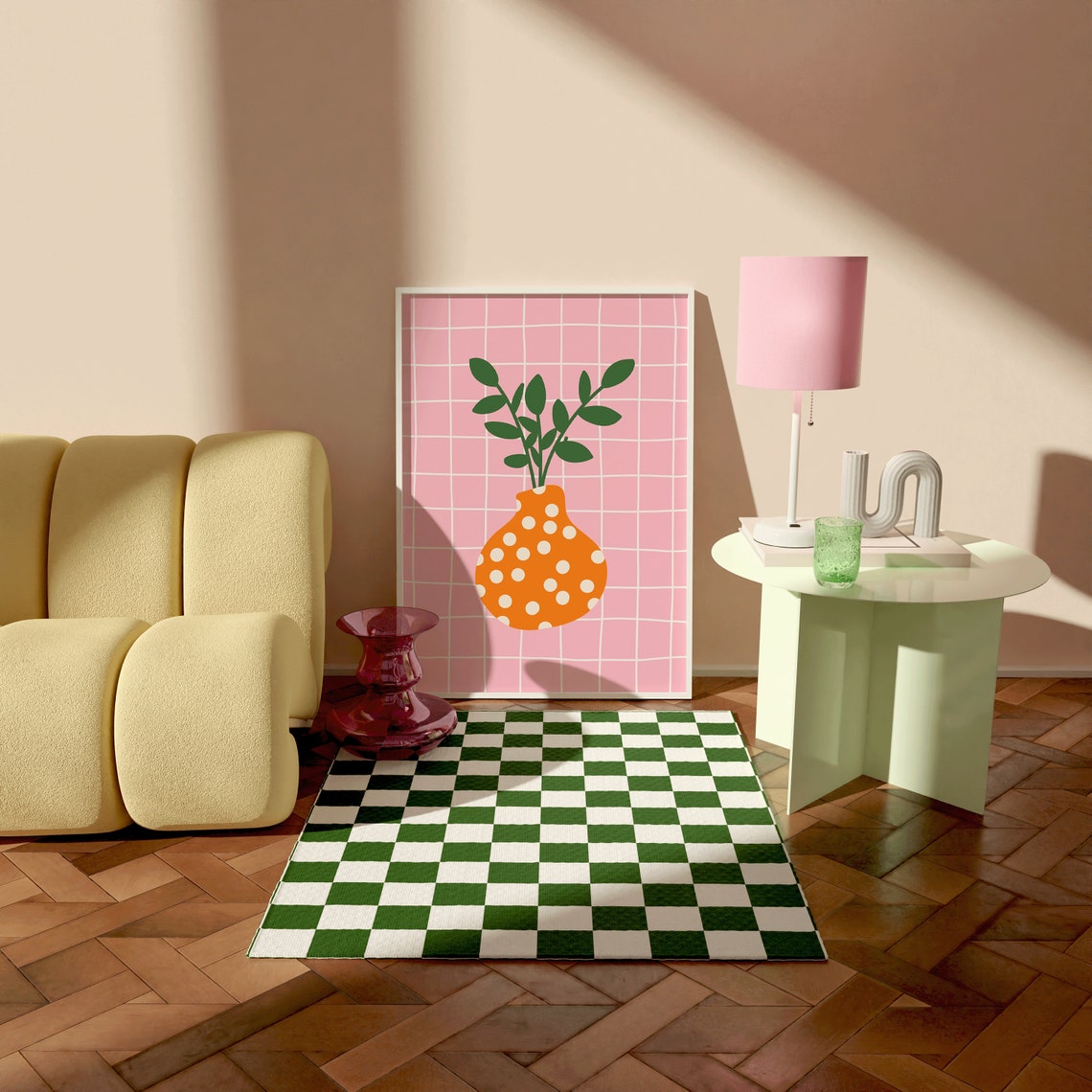 Orange Polka Dot Flower Vase Green Stems Pink Grid Art Print - Image 3