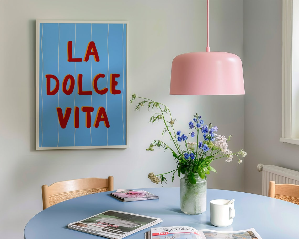 La Dolce Vita Red Lettering on Blue Striped Italian Quote Poster - Image 2