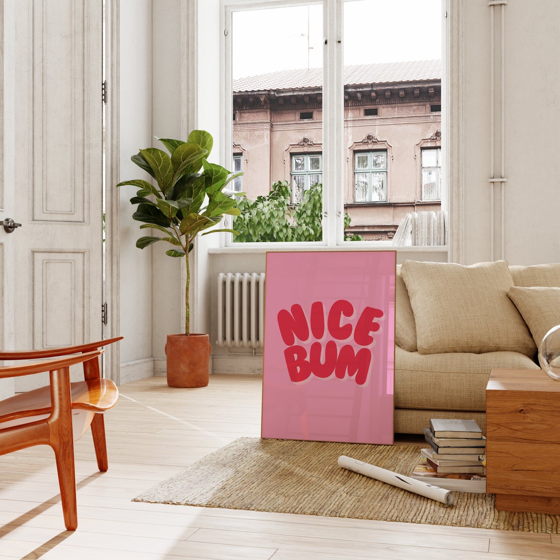 Nice Bum Red Bubble Letters Funny Bathroom Quote Pink Poster - Image 2