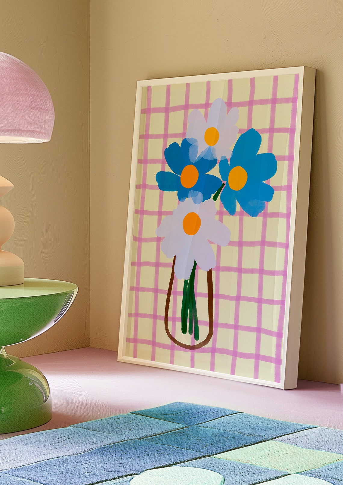 Blue and Purple Daisies in Vase on Pink Gingham Grid Floral Poster - Image 2