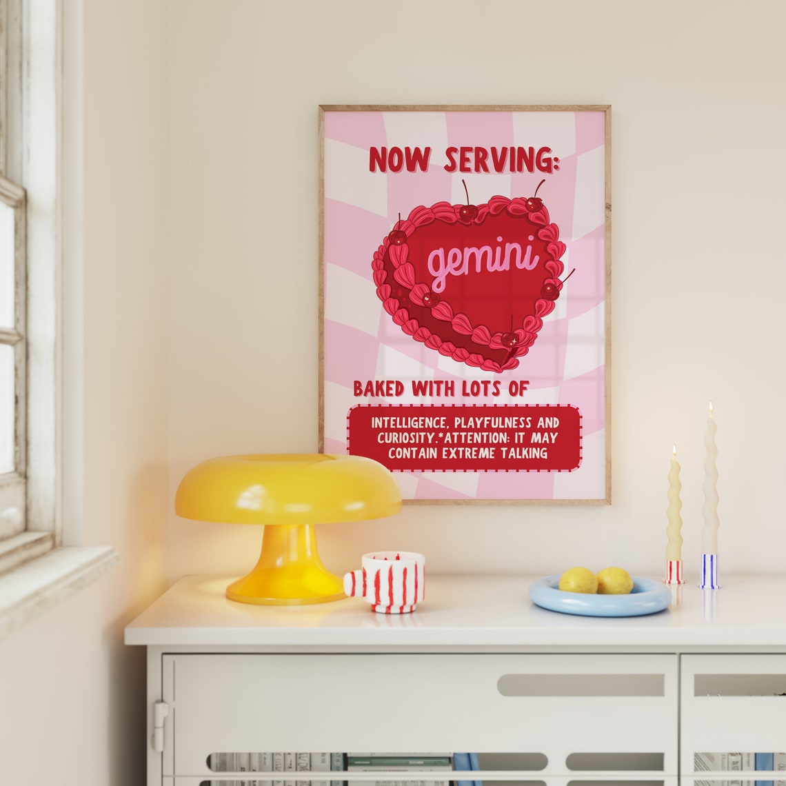 Now Serving Gemini Cake Red Cherry Heart Pink Checkerboard Print - Image 3