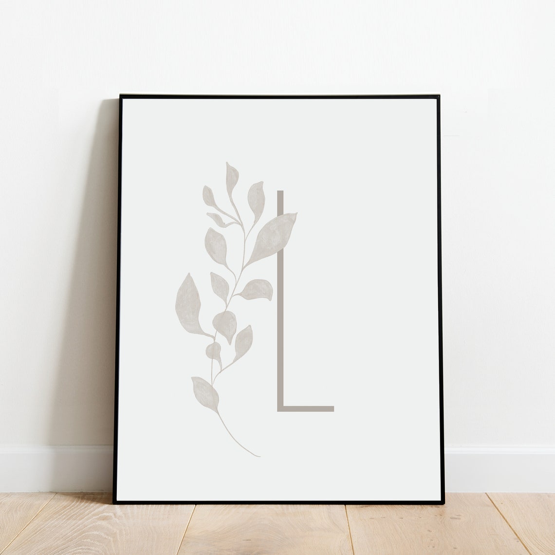 Letter L Botanical Initial Print with Soft Gray Leaf Sprig Artwork - Image 3