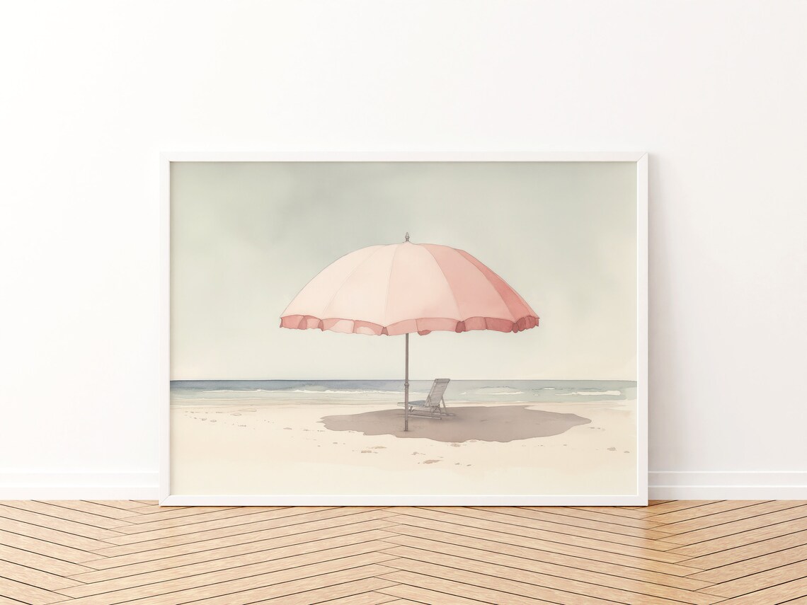 Pale Watercolor Beach Umbrella Art Print, Light Pink - Image 3