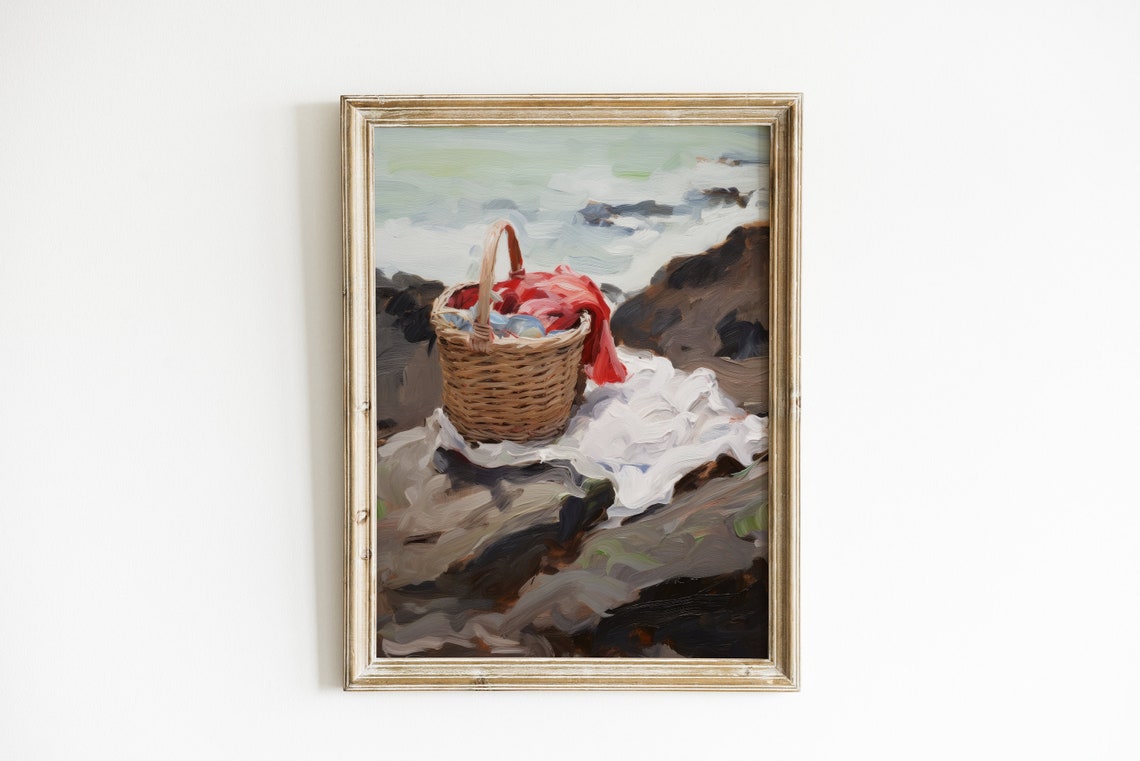 Seaside Picnic Basket Oil Painting Print On Rocks By The Ocean