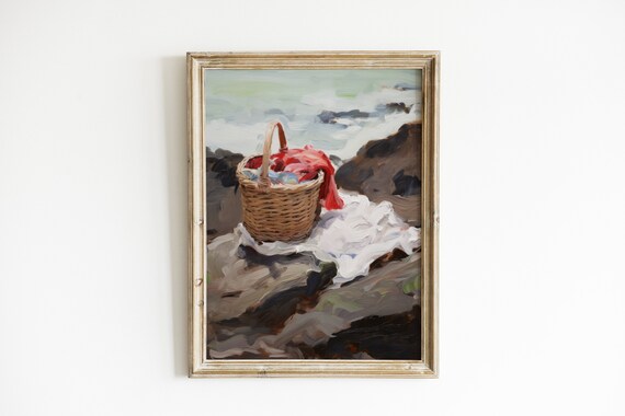 Summer Seaside Painting Antique Lake House Decor Cute Coastal Wall Art Cottagecore Print