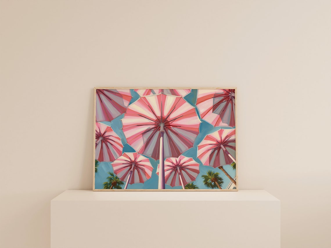 Retro Pink Beach Umbrellas From Below Maximalist Coastal Decor Poster - Image 2