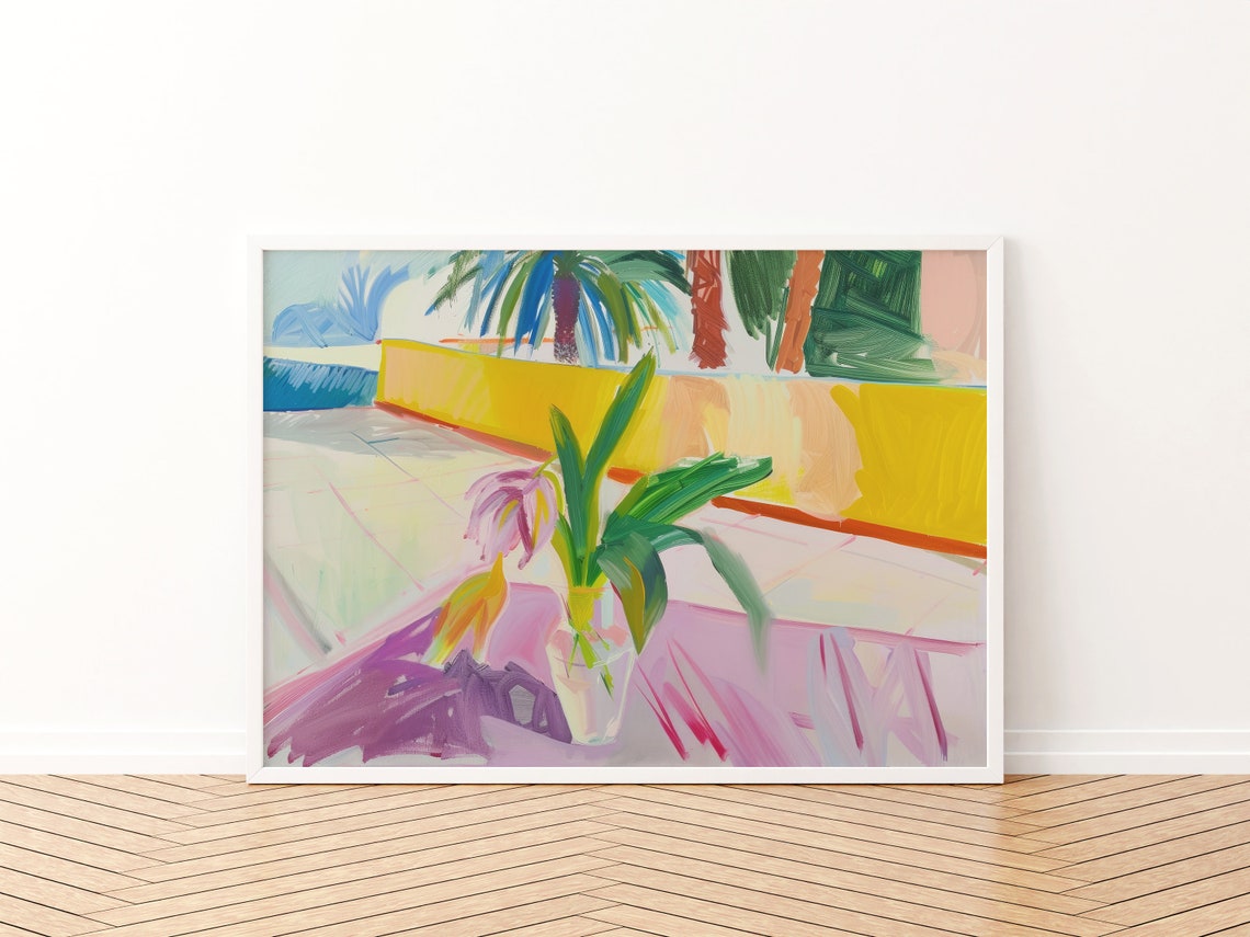 Colorful Impressionistic Patio Print Plant Vase Yellow Wall View - Image 3