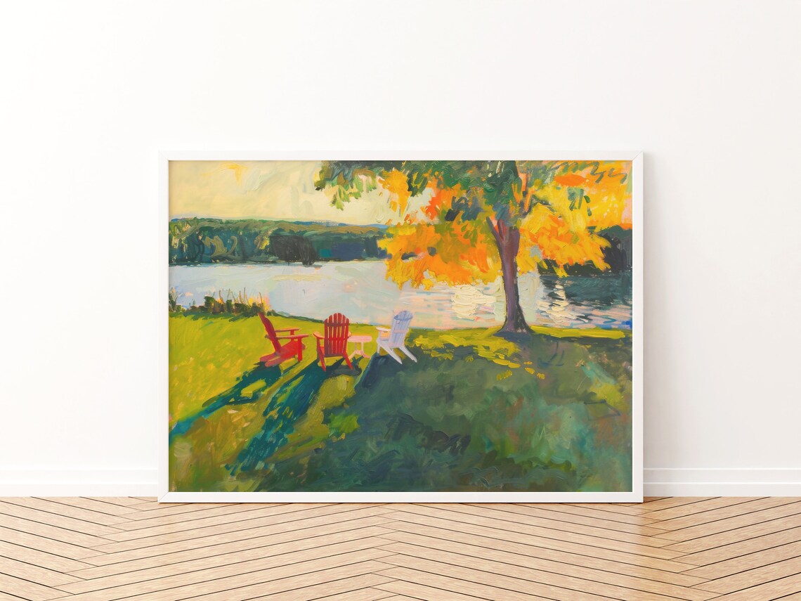 Autumn Lake House Art Print, Rustic Landscape - Image 3