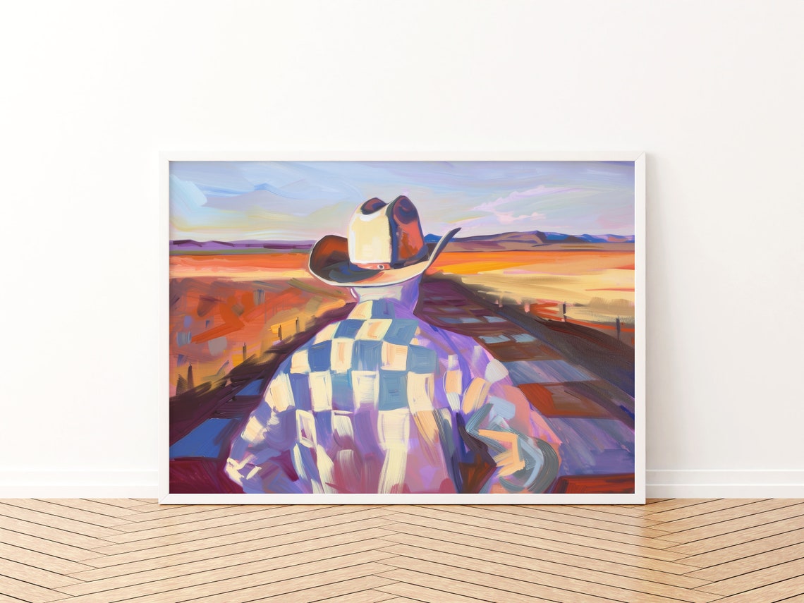 Cowboy Watching Sunset Over Desert Plains Western Art Poster - Image 3