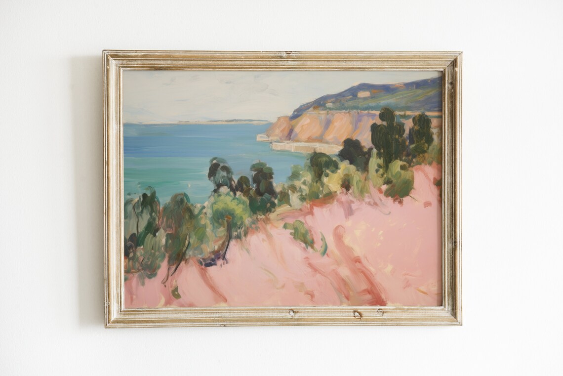 Soft Pink Coastal Landscape, Summer Wall Art Print