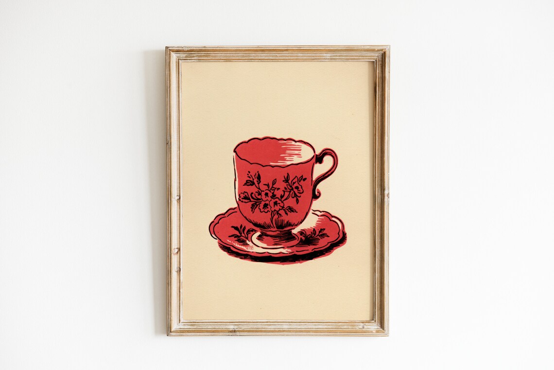 Vintage Teacup Kitchen Art Print, Cottagecore Decor