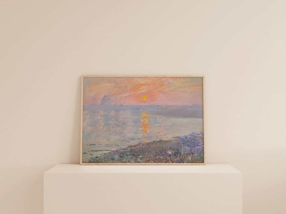 Pink Ocean Sunset Painting, Vintage Coastal Art Print - Image 2