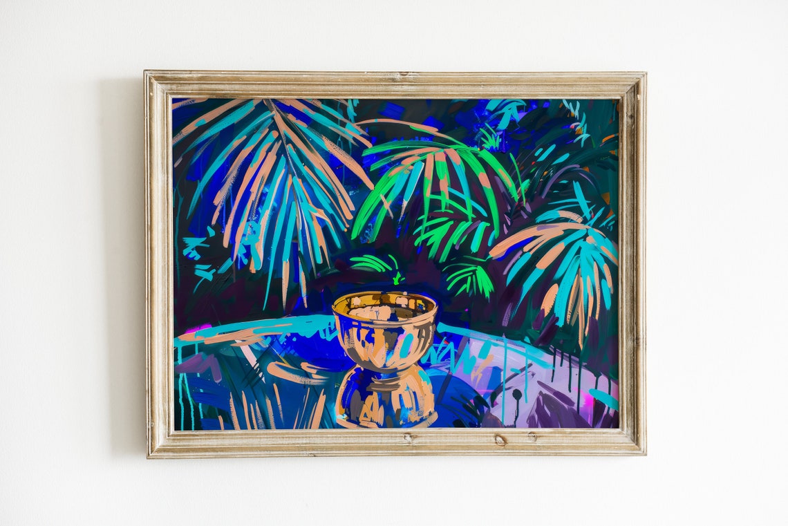 Neon Palm Fronds Midnight Blue Gold Bowl Tropical Still Life Print