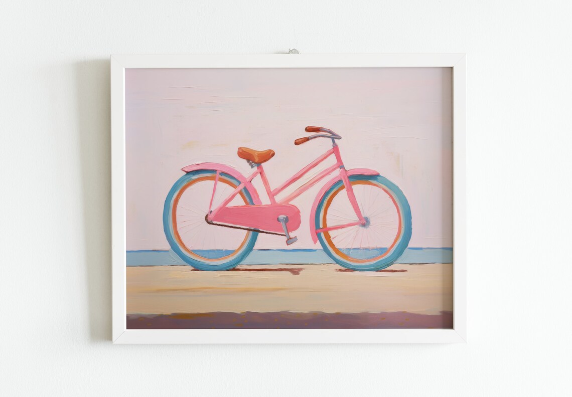 Pastel Pink Bicycle Painting By The Sea Beach Bike Artwork Print - Image 2