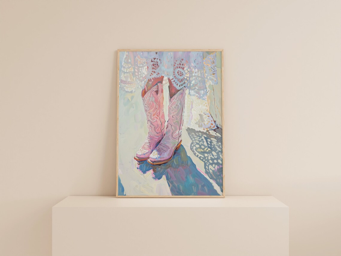 Preppy Pastel Pink Cowboy Boot Art Print - Image 2