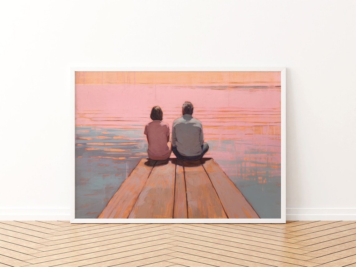 Vintage Lake Painting Rustic Pink Art Print - Image 3
