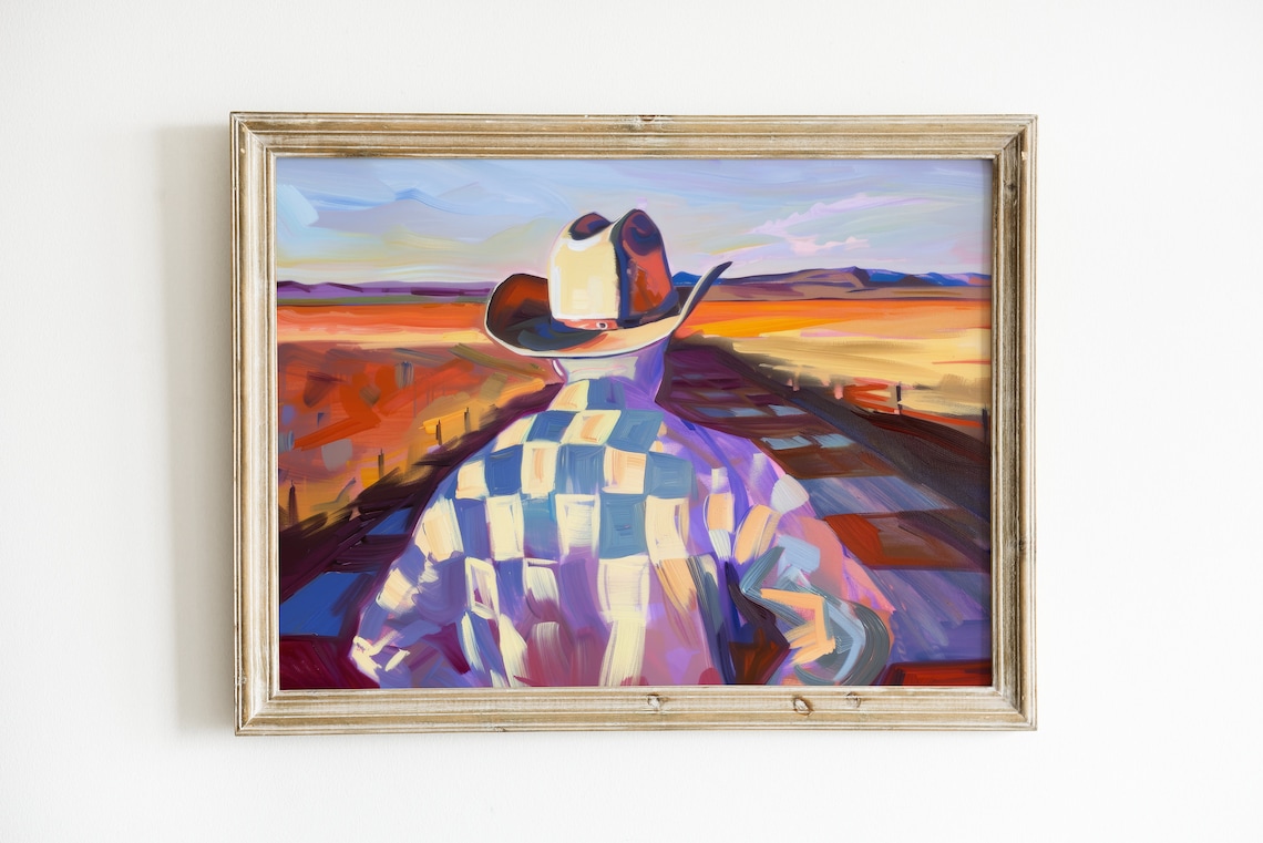 Cowboy Watching Sunset Over Desert Plains Western Art Poster