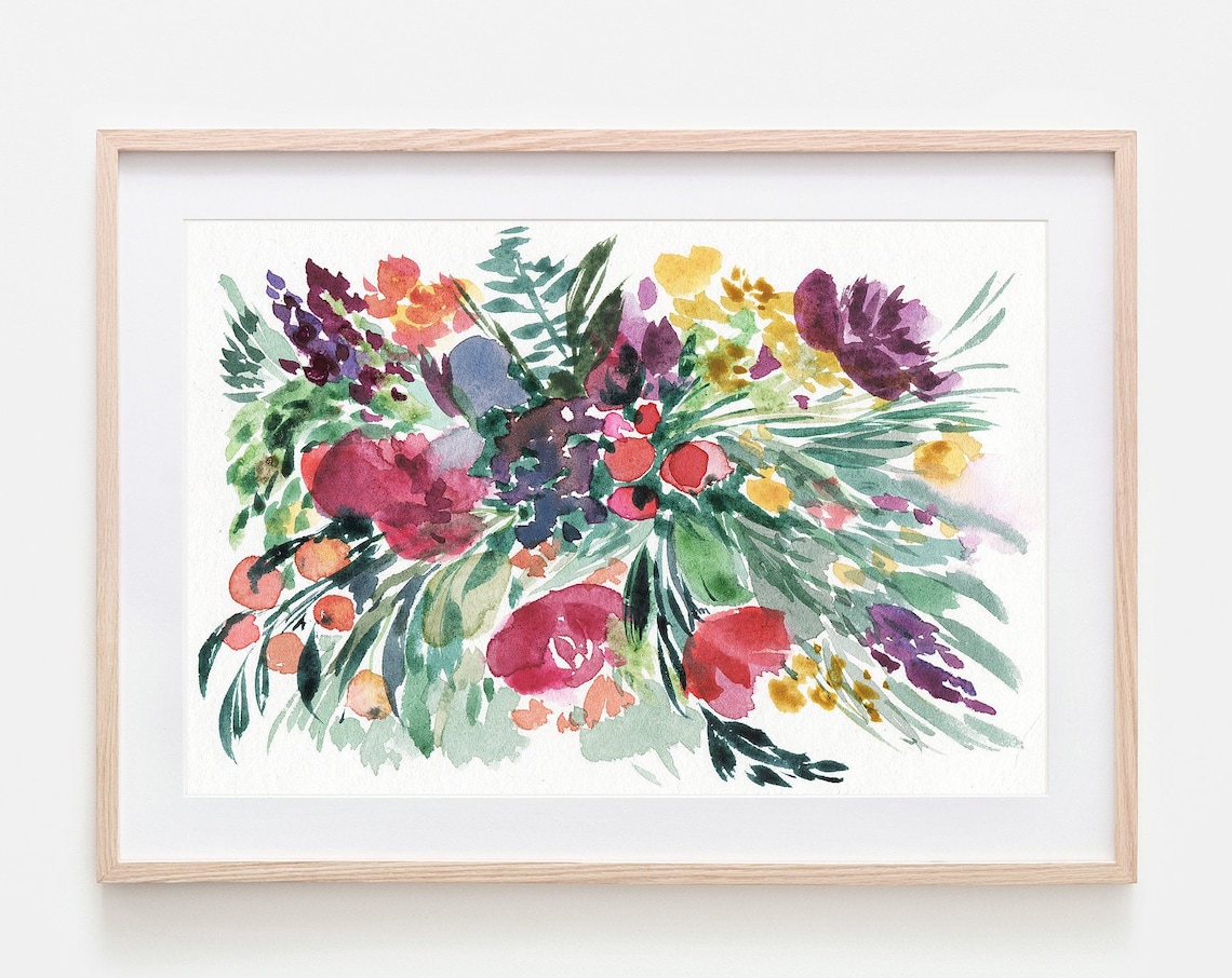 Colorful Watercolor Flower Bouquet Bright Botanical Art Poster